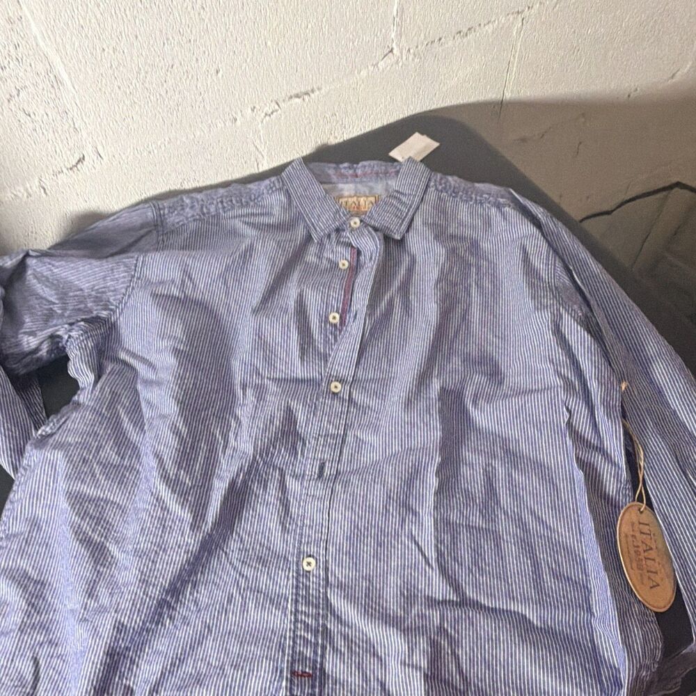 Italia Men's XXL Blue White Striped Cotton Regular Fit Dress Shirt Pockets